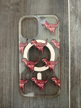 Clear COACH  iPhone 16 Case with Pink Dinosaur Pattern